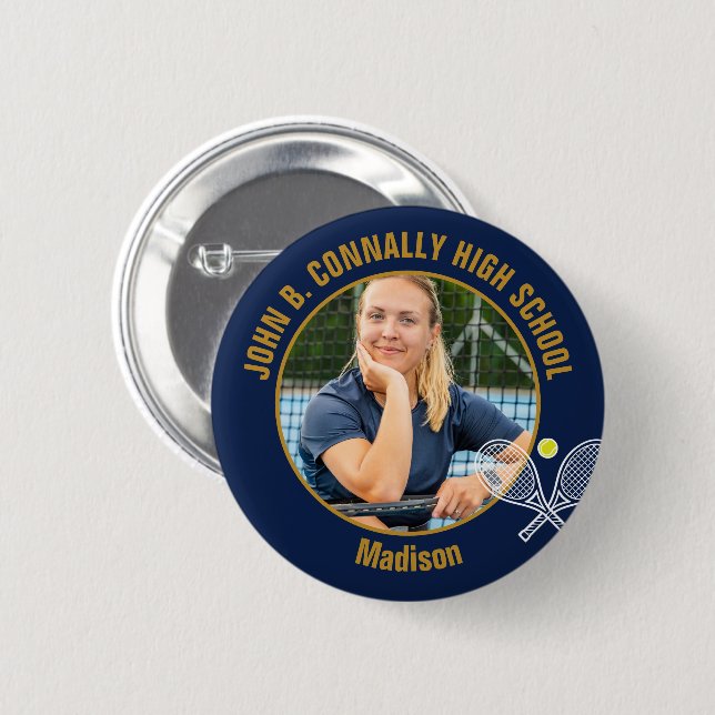Navy Blue Gold Tennis Player Photo High School Button (Front & Back)