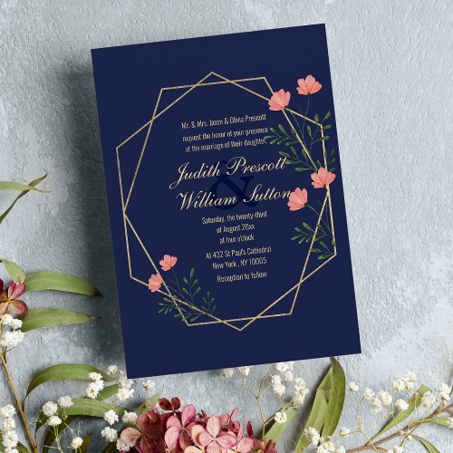 Navy blue gold terrarium pink green floral Wedding Invitation