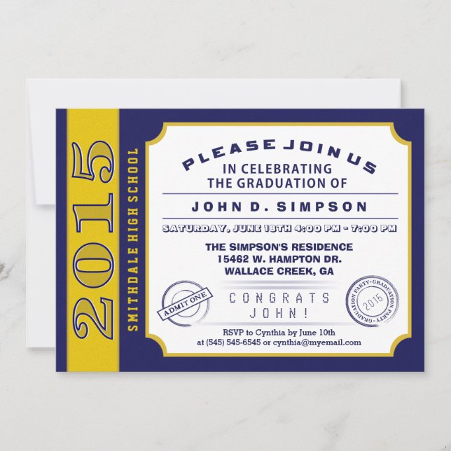 Navy Blue & Gold Ticket Graduation Invitation (Front)