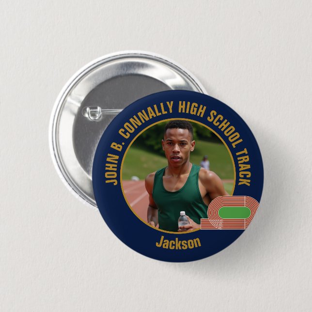 Navy Blue Gold Track Team Photo Runner Button (Front & Back)