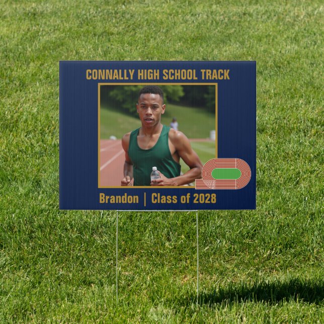 Navy Blue Gold Track Team Runner Photo Yard Sign (Insitu)