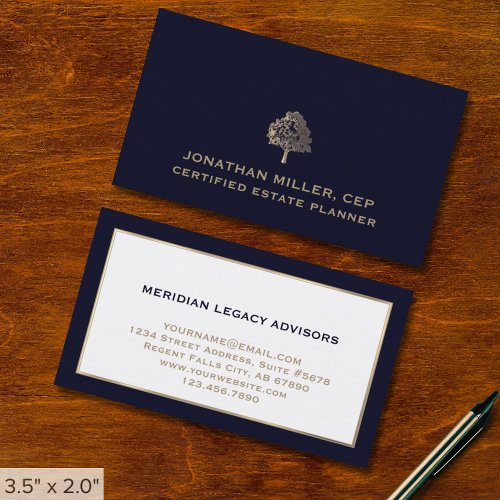 Navy Blue Gold Tree Logo Business Cards