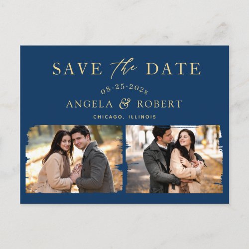 Navy Blue Gold Trendy 2 Photo Save the Date Postcard - Navy Blue Gold Brush Stroke Frame 2 Photo Save the Date Postcard