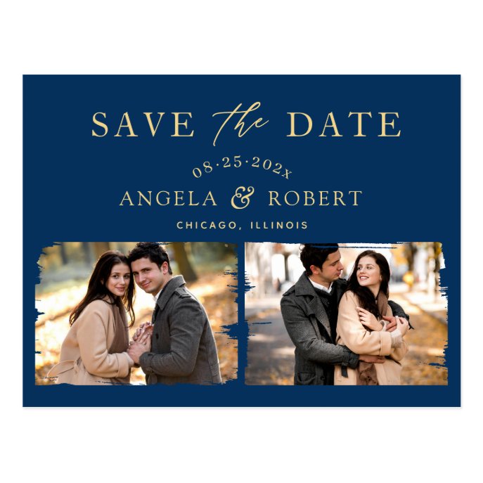 Navy Blue Gold Trendy 2 Photo Save the Date Postcard