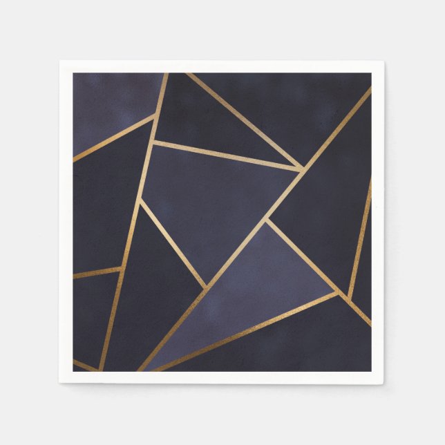 Navy Blue Gold Triangles Geometric Elegant Classy Napkins (Front)