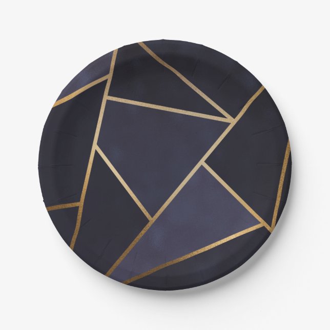Navy Blue Gold Triangles Geometric Elegant Classy Paper Plates (Front)