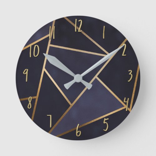 Navy Blue Gold Triangles Geometric Elegant Classy Round Clock