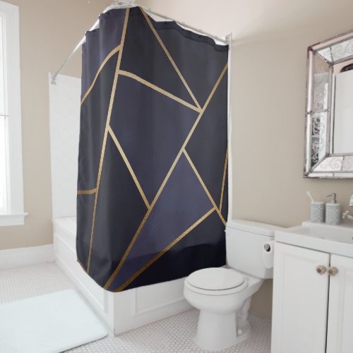 Navy Blue Gold Triangles Geometric Elegant Classy Shower Curtain