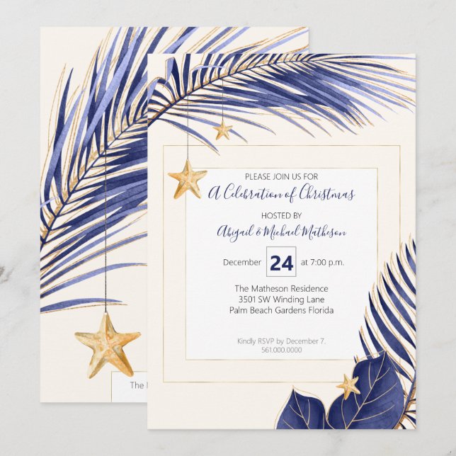 Navy Blue & Gold Tropical Greenery Christmas Party Invitation (Front/Back)