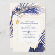 Navy Blue &amp; Gold Tropical Greenery Christmas Party Invitation