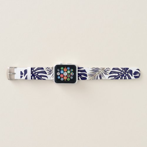 Navy blue gold tropical monstera and palm leaves apple watch band