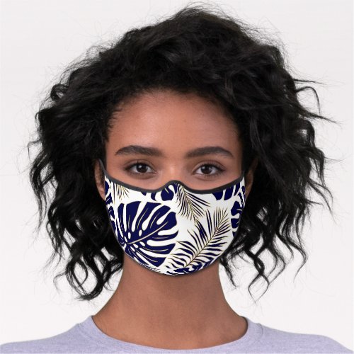 Navy blue gold tropical monstera and palm leaves premium face mask