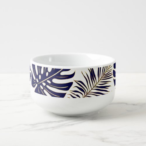 Navy blue gold tropical monstera and palm leaves soup mug