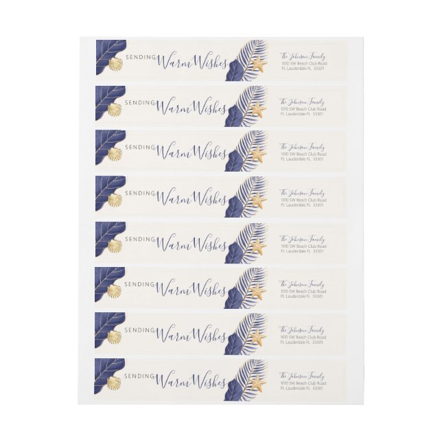 Navy Blue & Gold Tropical Warm Wishes Holiday Wrap Around Label (Sheet)