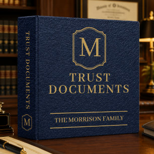 Navy Blue Gold Trust Documents Faux Leather 3 Ring Binder