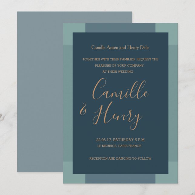 Navy blue gold turquoise elegant modern wedding invitation (Front/Back)