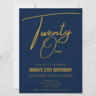 Navy Blue & Gold Twenty one 21st Birthday Invitation