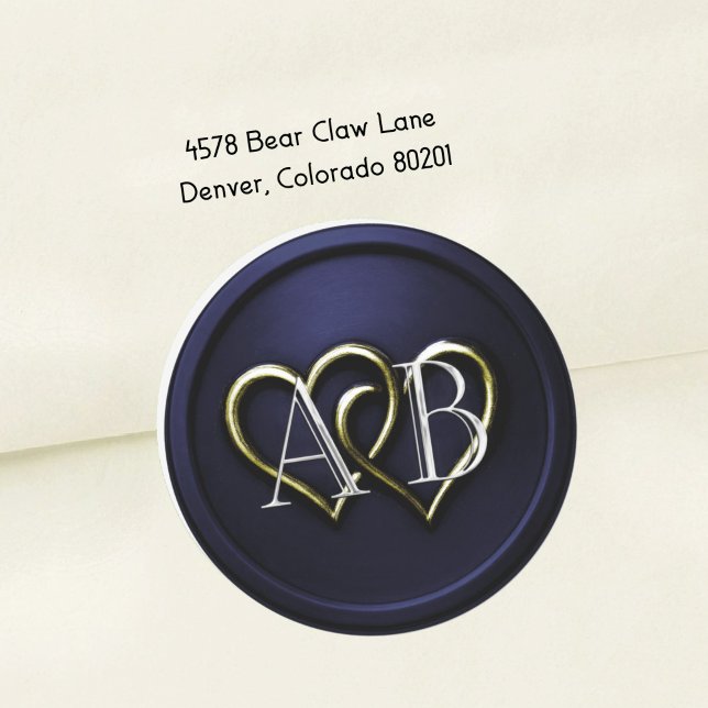 Navy  Blue Gold Two Hearts Silver Monogram Classic Round Sticker (Creator Uploaded)