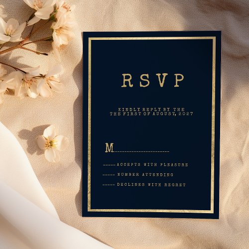 Navy blue gold typewriter font rustic RSVP Invitation