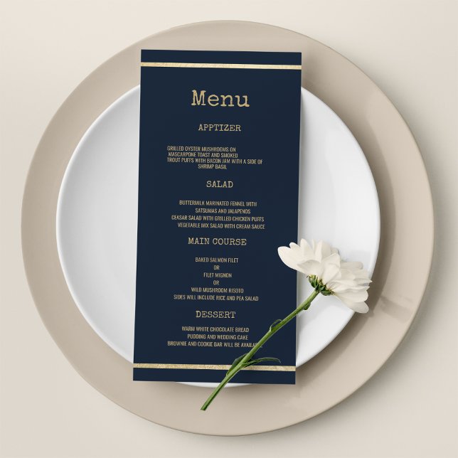 Navy blue gold typewriter font rustic Wedding Menu (Navy blue gold typewriter font rustic Wedding Menu )