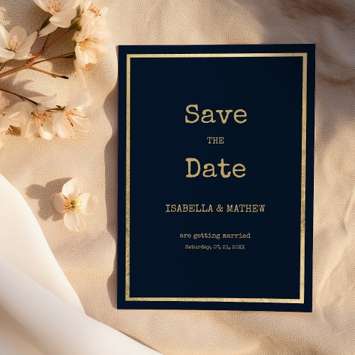 Navy blue gold typewriter font Save the Date Invitation