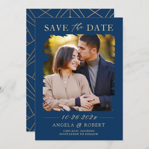 Navy Blue Gold Typography Abstract Photo Frame Save The Date - Modern Navy Blue and Gold - Brush Stroke Photo Frame Save the Date Card. 
(1) For further customization, please click the "customize further" link and use our design tool to modify this template. 
(2) If you prefer Thicker papers / Matte Finish, you may consider to choose the Matte Paper Type.