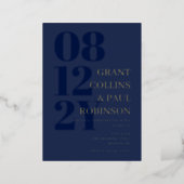 Navy Blue & Gold Typography Wedding Foil Invitation (Standing Front)