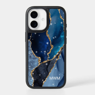 Navy Blue Gold Veins Agate Monogram iPhone 17 Case