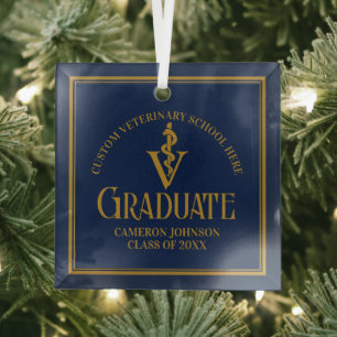 Navy Blue Gold Veterinary Graduation Christmas Glass Ornament