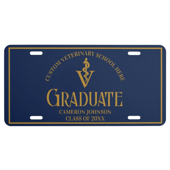 Navy Blue Gold Veterinary School Graduate Custom License Plate (Front)