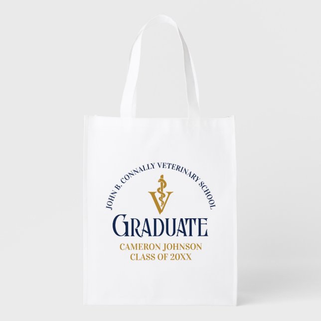Navy Blue Gold Veterinary School Graduation Custom Grocery Bag (Front)