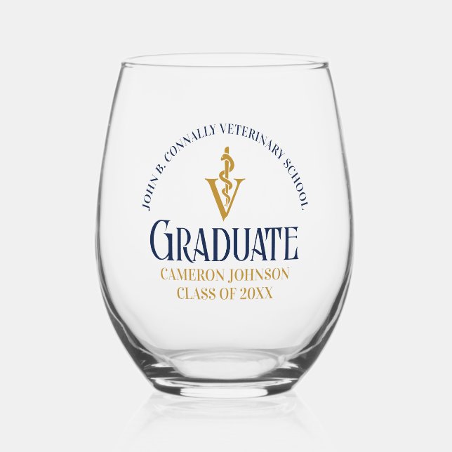 Navy Blue Gold Veterinary School Graduation Custom Stemless Wine Glass (Front)