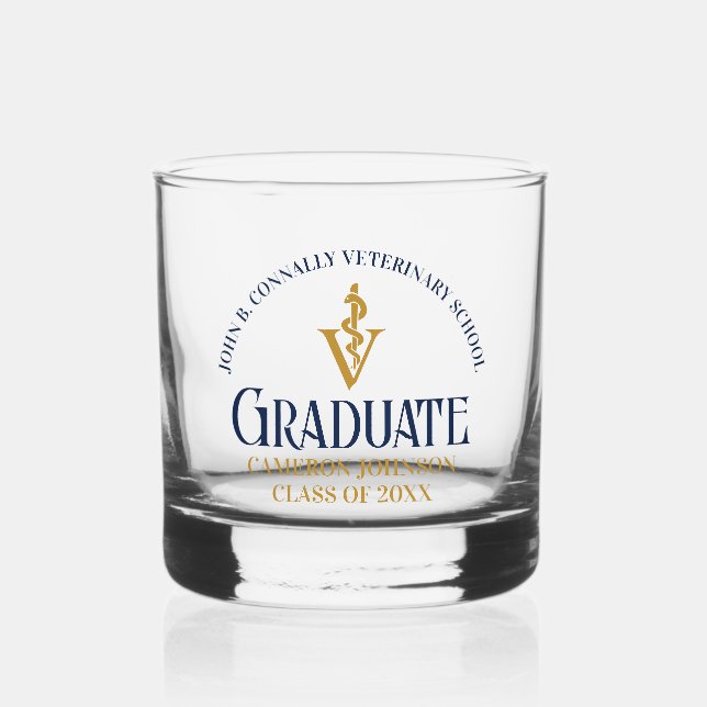 Navy Blue Gold Veterinary School Graduation Custom Whiskey Glass (Front)