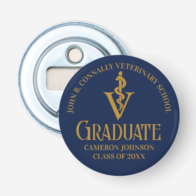 Navy Blue Gold Veterinary School Graduation Party Bottle Opener (Front)