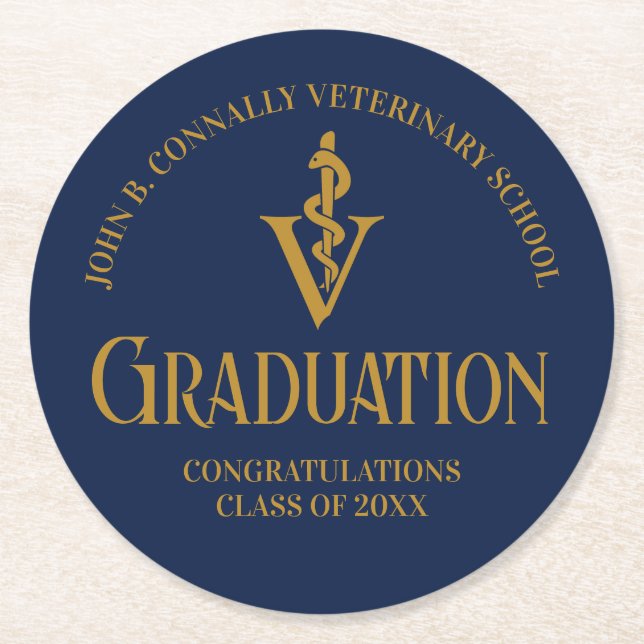 Navy Blue Gold Veterinary School Graduation Party Round Paper Coaster (Front)