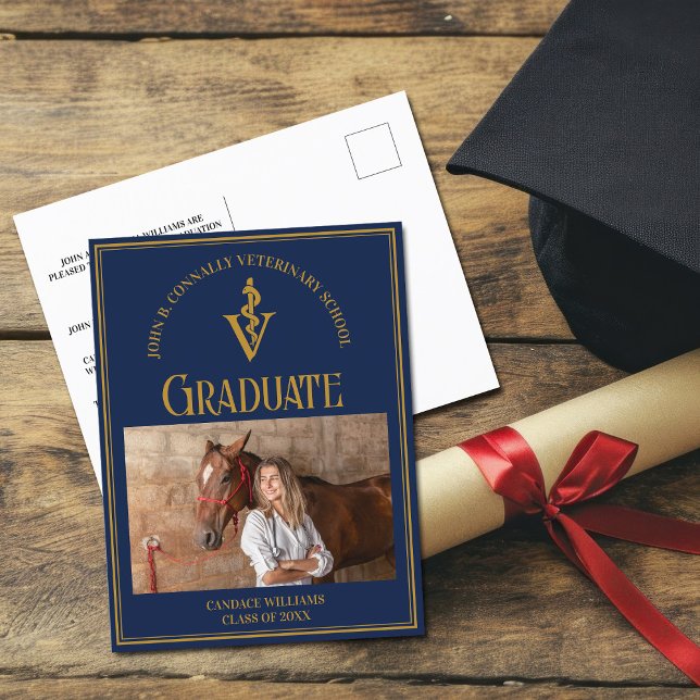 Navy Blue Gold Veterinary School Photo Graduation Announcement Postcard (Creator Uploaded)
