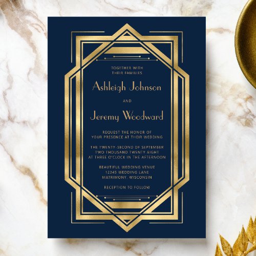 Navy Blue Gold Vintage 1920s Deco Frame Wedding Invitation