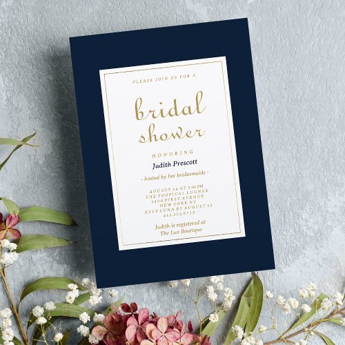 Navy blue gold vintage calligraphy  Bridal Shower Invitation