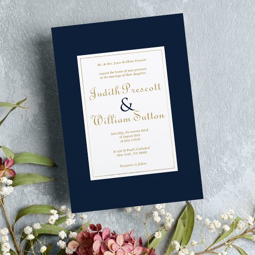 Navy blue gold vintage calligraphy Wedding Invitation