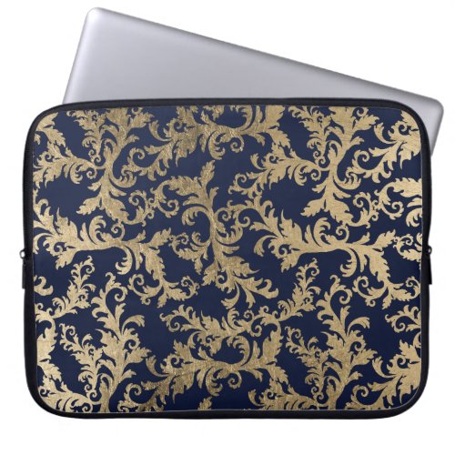 Navy blue gold vintage chic floral glam damask laptop sleeve