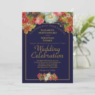 Navy Blue & Gold Vintage Floral Elegant Wedding Invitation