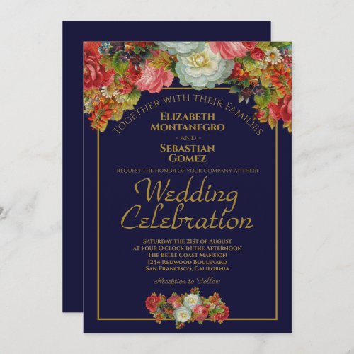 Navy Blue  Gold Vintage Floral Elegant Wedding Invitation