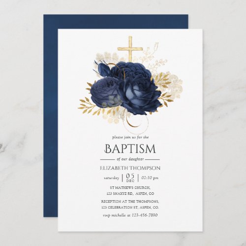 Navy Blue  Gold Vintage Shabby Roses Baptism Invitation