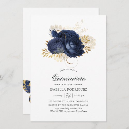 Navy Blue  Gold Vintage Shabby Roses Quinceaera Invitation