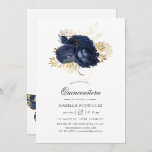 Navy Blue & Gold Vintage Shabby Roses Quinceañera Invitation