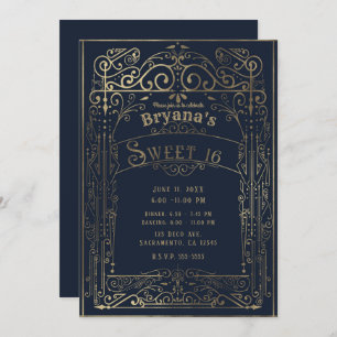 Navy Blue & Gold Vintage Victorian Deco Sweet 16 Invitation