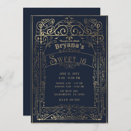 Navy Blue  Gold Vintage Victorian Deco Sweet 16 Invitation