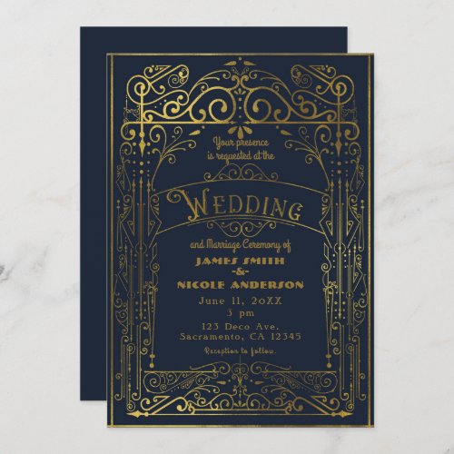 Navy Blue  Gold Vintage Victorian Deco Wedding Invitation