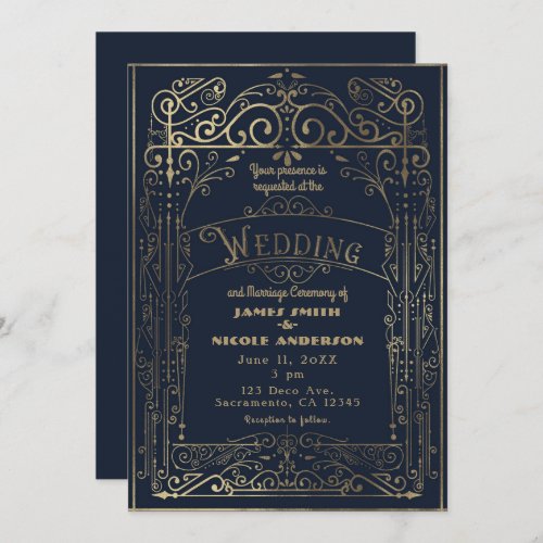 Navy Blue  Gold Vintage Victorian Deco Wedding Invitation