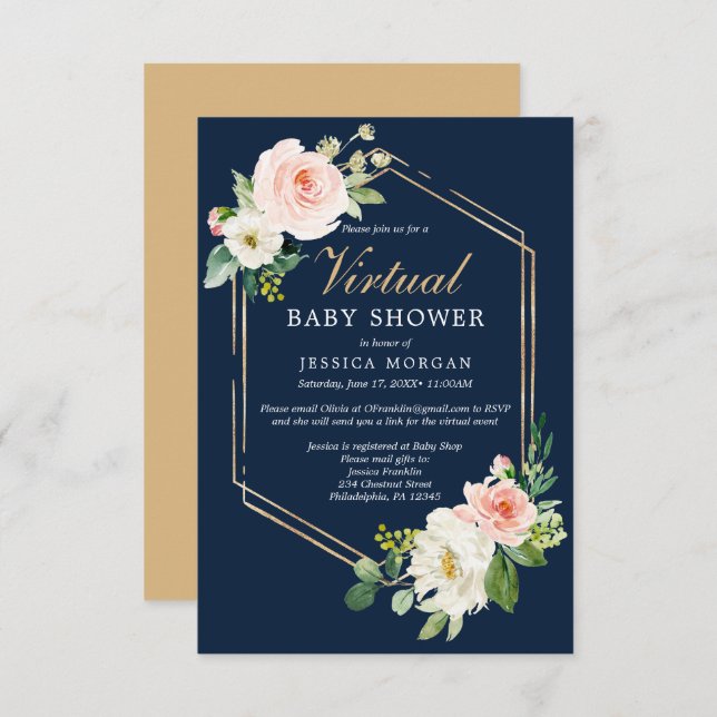 Navy Blue Gold Virtual Baby Shower Invitation (Front/Back)